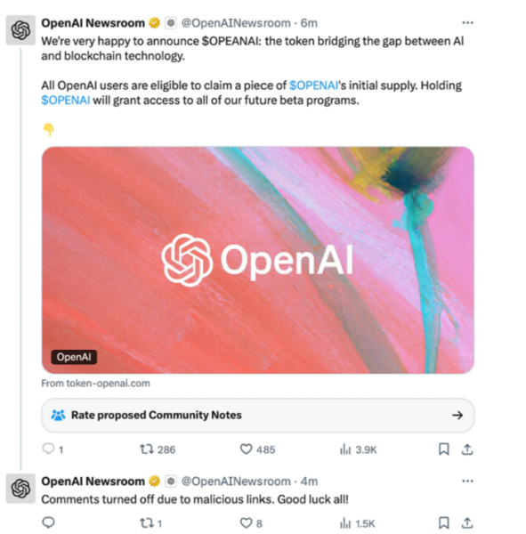 Аккаунт OpenAI в X взломали и разместили там рекламу фейкового криптотокена